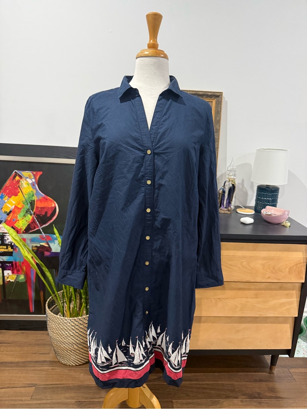 Tommy Hilfiger Navy Button-Down Midi Dress with Sailboat Border
